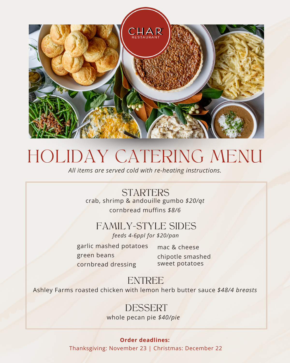Char holiday catering menu. View the PDF for the full accessible entries
